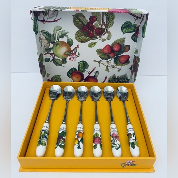 Portmeirion Pomona Set of 6 Pastry Dessert Spoons Porcelain Stainless Fruit NIB - Picture 1 of 6